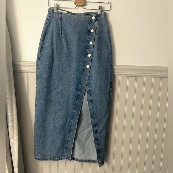 Zara XS Z1975 Denim Cross Over Button-Front Midi Skirt - Picture 2 of 6
